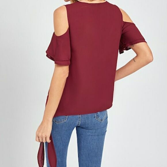 SHEIN Layered Sleeve Cold Shoulder V Neck Wrap Top - Picture 4 of 6